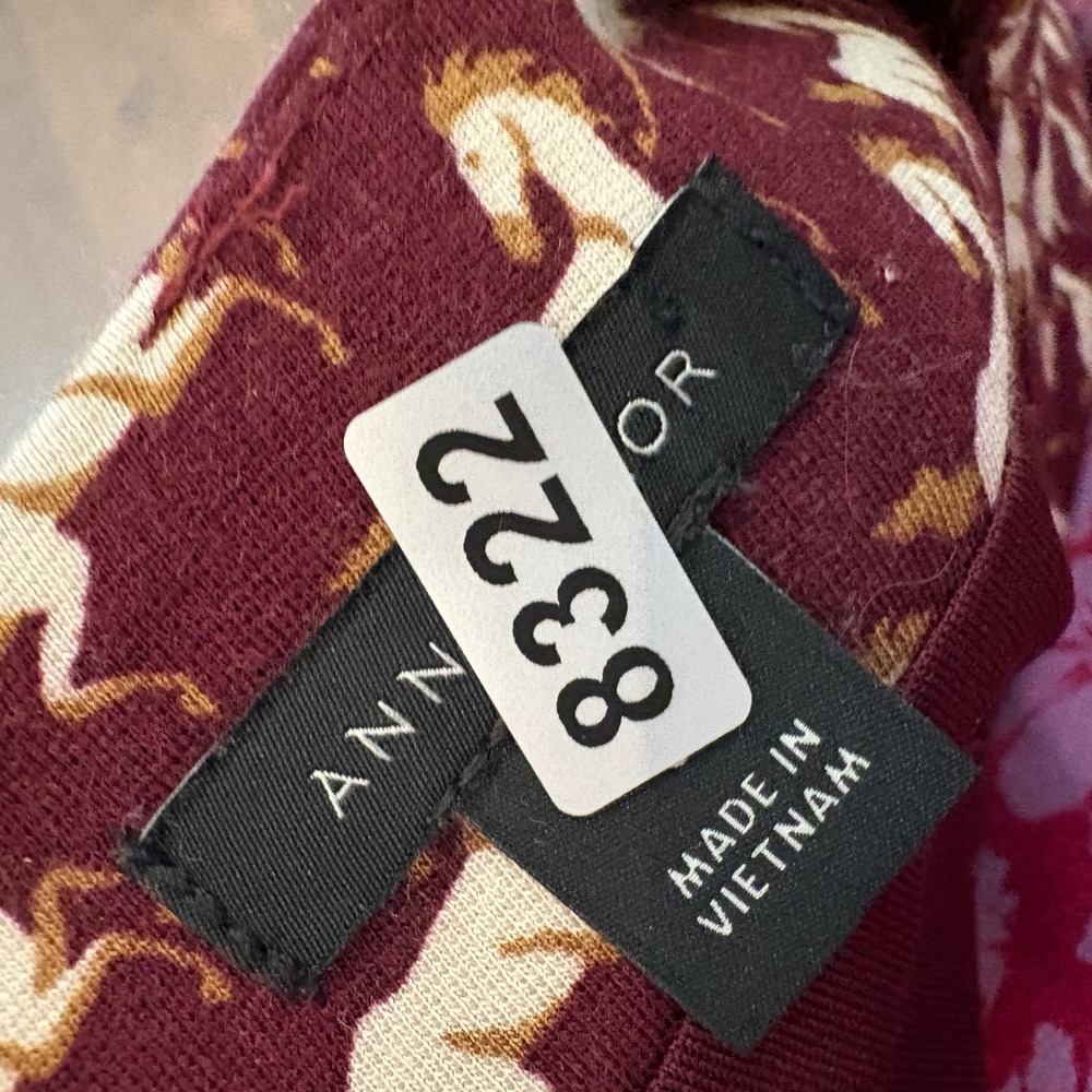 Ann Taylor Horse Print Midi Dress Womens 6 Burgundy Long Sleeve Knit Stretch - Picture 14 of 14
